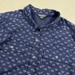 Eddie Bauer‎ Shirt Women XXL Blue White Short Sleeve Button Up Top Geometric AOP